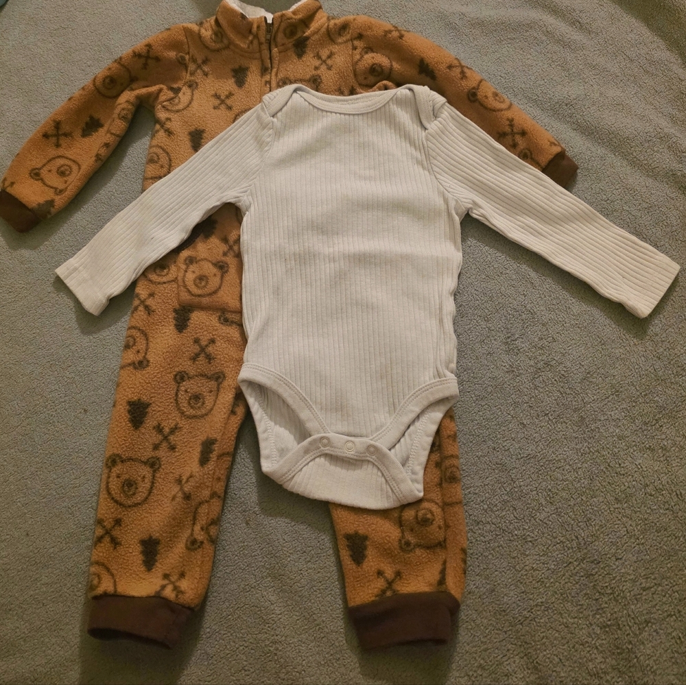 Cozy Fleece Brown and White Teddybear Baby Footie Set
